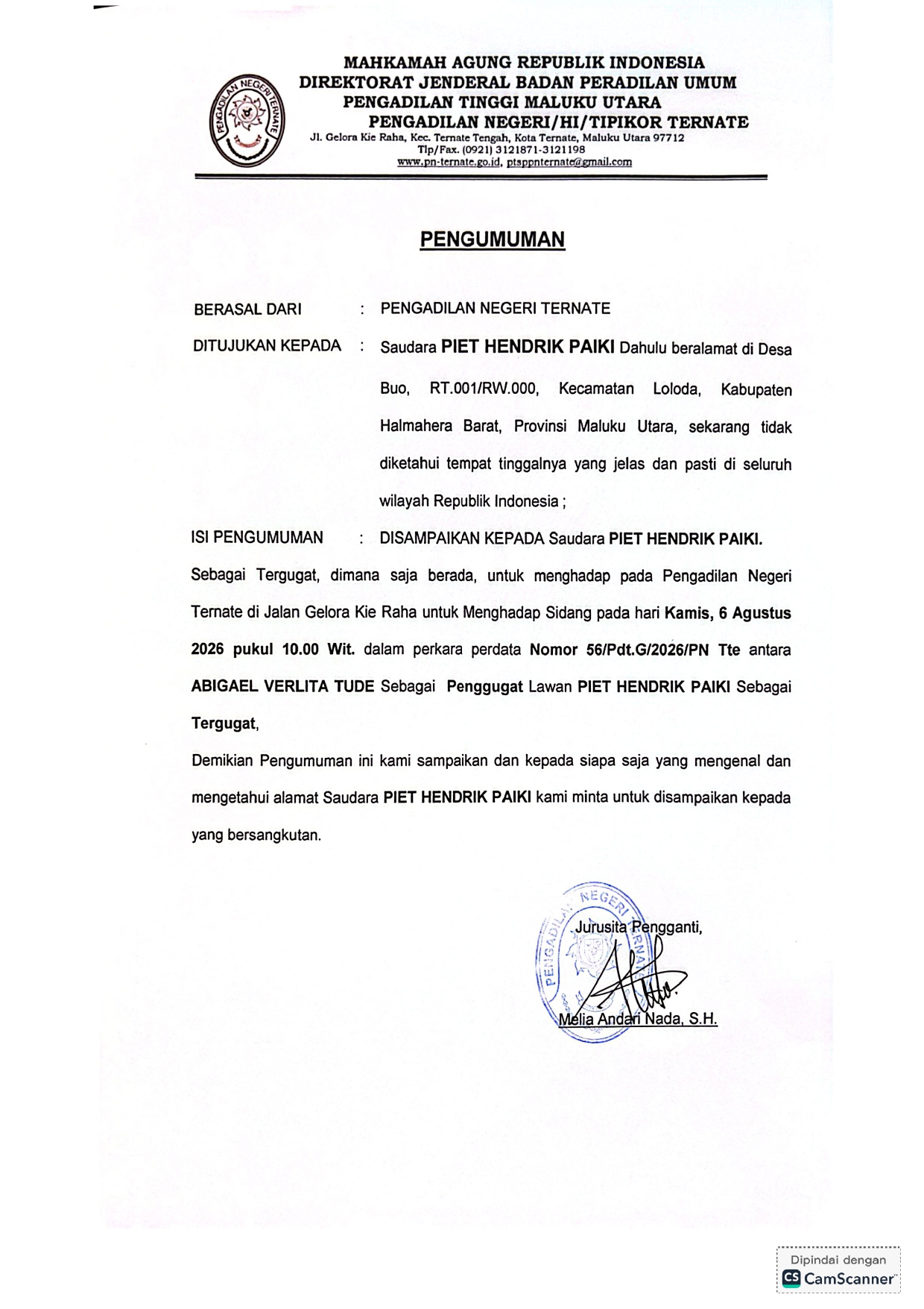 RELAAS PANGGILAN KEPADA TERGUGAT PERKARA NOMOR: 56/Pdt.G/2026/PN Tte