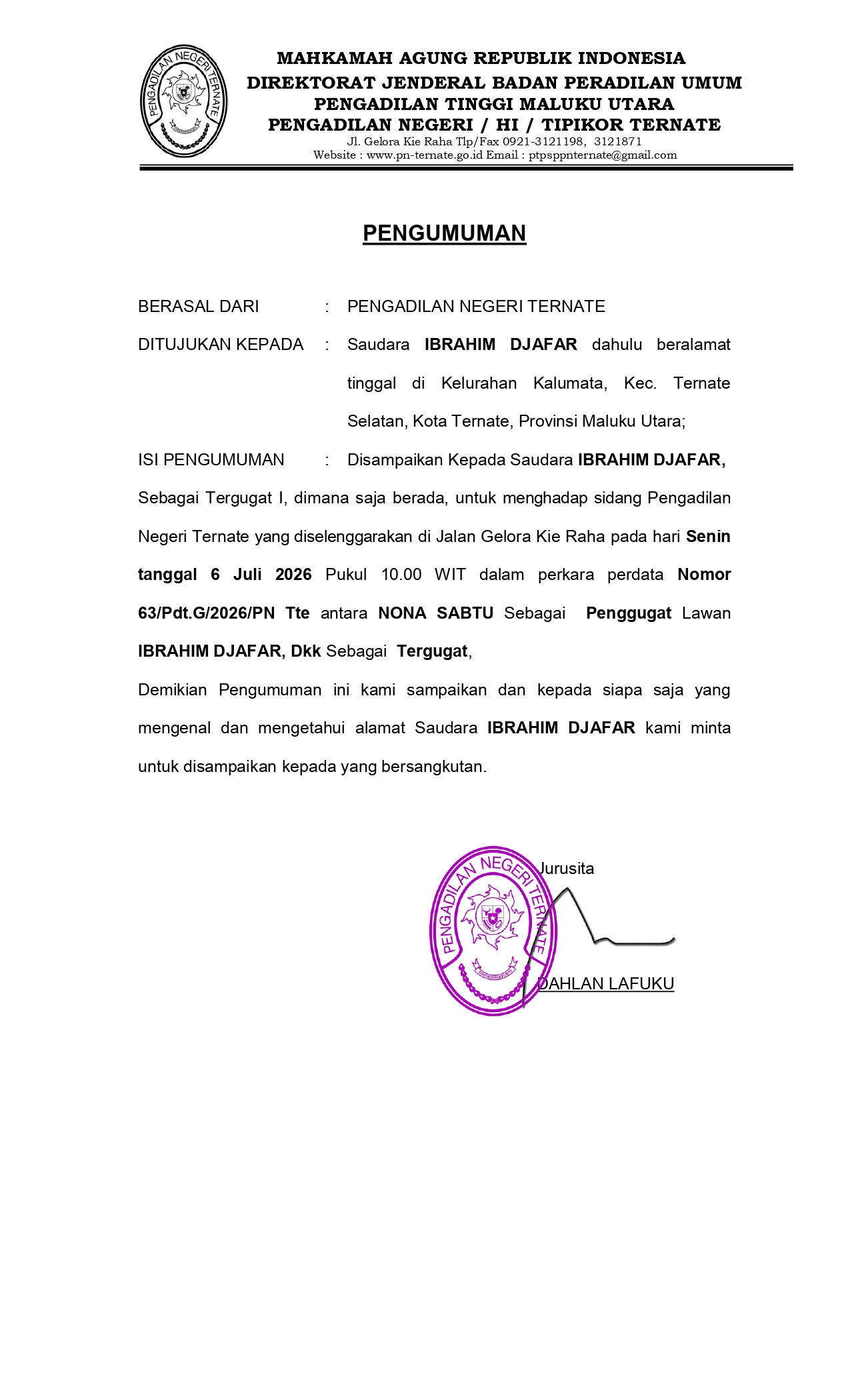RELAAS PANGGILAN KEPADA TERGUGAT PERKARA NOMOR: 63/Pdt.G/2026/PN Tte
